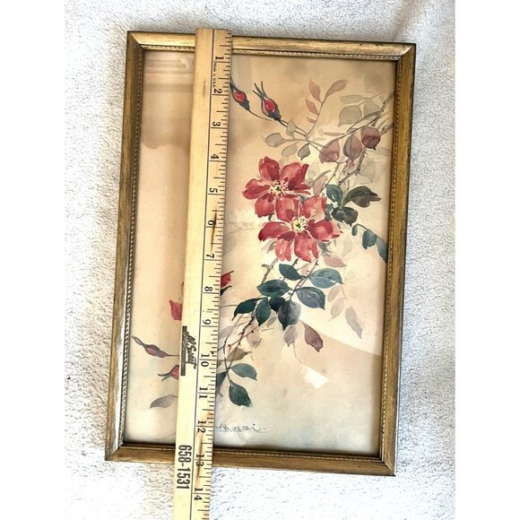 Antique Signed Asian Floral Watercolor Painting Gold Tone Framed‎ 13"x8-1/2" - Picture 5 of 7